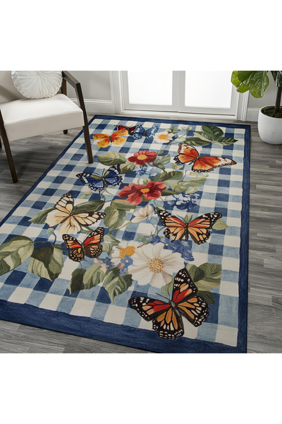 kilim home Mars 209 Mavi Beyaz Ekose Çiçek Kelebek Figürlü Modern Dokuma Taba...