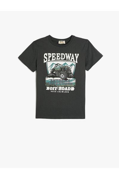 Koton Tricou din bumbac cu mânecă scurtă, cu decolteu roșu, tematică off-road