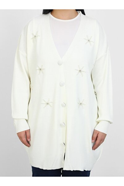 ALİA Bead Detailed Large Size Knitwear Cardigan - Bone - Alia