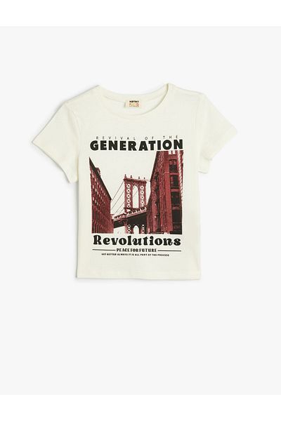 Koton Kurzärmliges Rundhals-T-Shirt aus Baumwolle mit City-Print