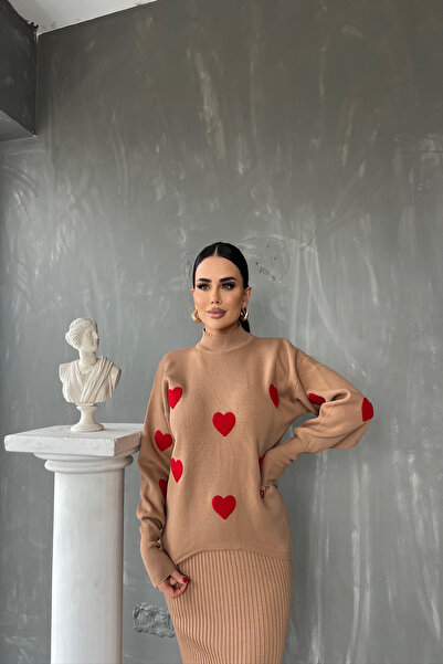 LİLA İSTANBUL Bisiklet yaka Kalp Desenli İkili Triko Takım (Standart Beden S/M/L/XL Beden Uyumlu)