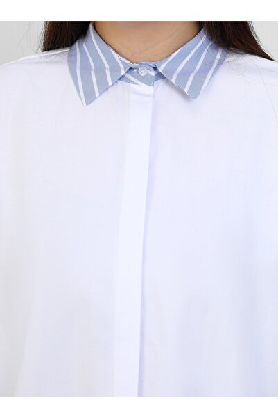ALİA Pamuklu Büyük Beden Yakası ve Kol Ucu Çizgi Detaylı Gömlek - Beyaz -