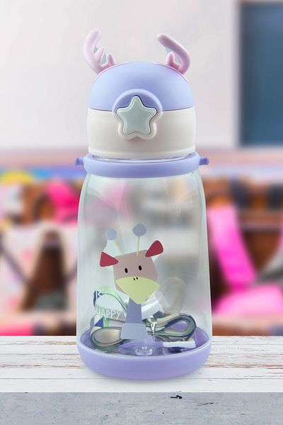 Kids Like 600 ml Healthy Deer Figured Polycarbonate Flask - with Straw and Hanger