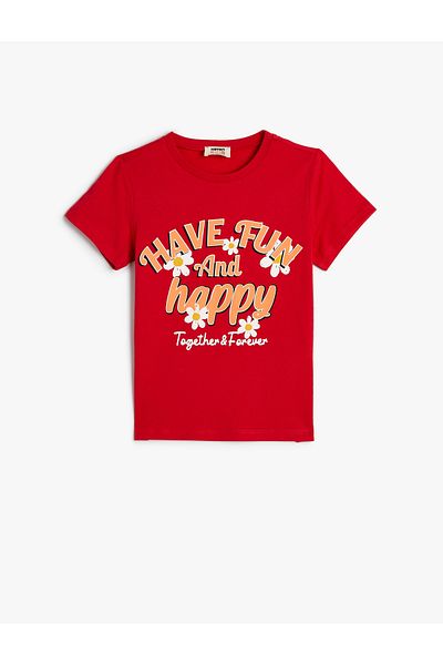 Koton Cotton Short Sleeve T-Shirt - Crew Neck, Slogan Printed