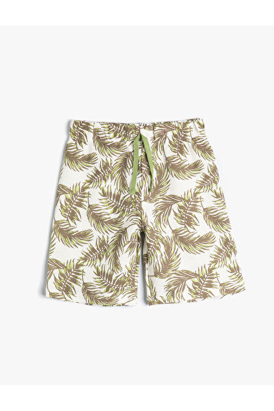 Koton Şort Botanik Desenli Cepli Beli Bağlamalı Pamuklu
