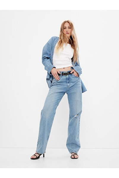 GAP Kadın Açık Mavi Organik Pamuk High Rise 90s Loose Washwell™ Jean Pantolon