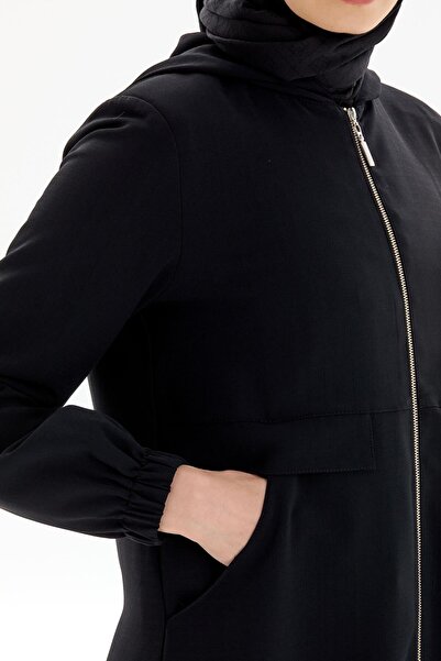 Tuğba Kapüşonlu Fermuar Kapamalı Ferace - Siyah