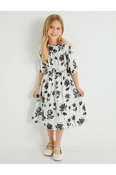Koton Λινό Φόρεμα Floral Μπαλόνι μανίκι στρογγυλή λαιμόκοψη