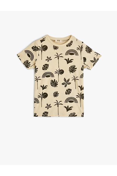 Koton Leaf Printed Cotton Short Sleeve T-Shirt - Crew Neck