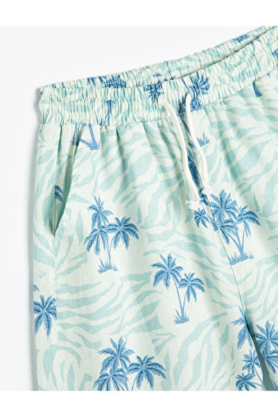 Koton Şort Keten Karışımlı Palmiye Baskılı Beli Lastikli Cepli