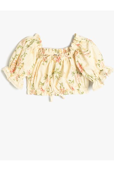 Koton Bluză crop din bumbac - model floral și detaliu cu volane