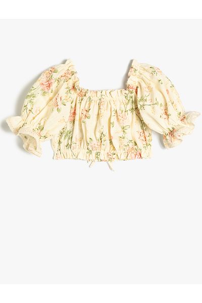 Koton Bluză crop din bumbac - model floral și detaliu cu volane