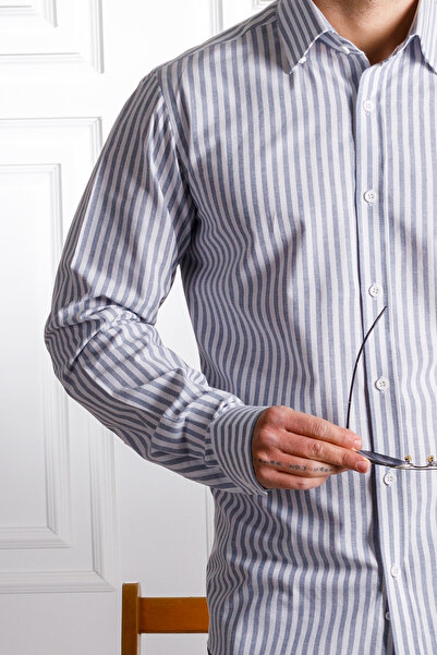 Sarar Смугаста синьо-біла бавовняна сорочка з лацканами