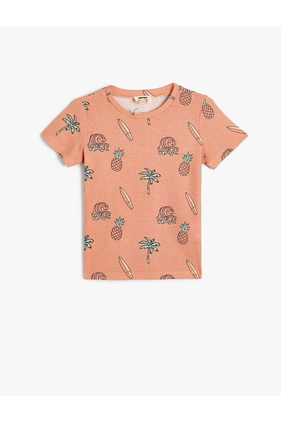 Koton T-Shirt Summer Themed Short Sleeve Crew Neck Textured Cotton