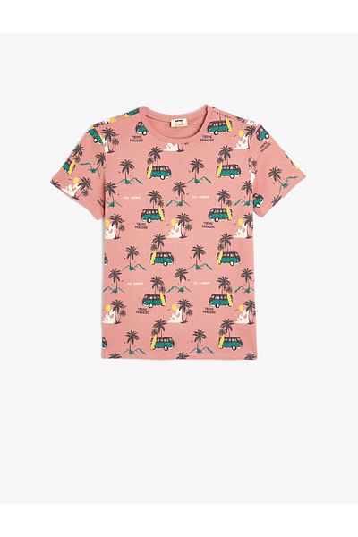 Koton T-Shirt mit Rundhalsausschnitt – Baumwolle mit Palmen-Print und kurzen Ärmeln