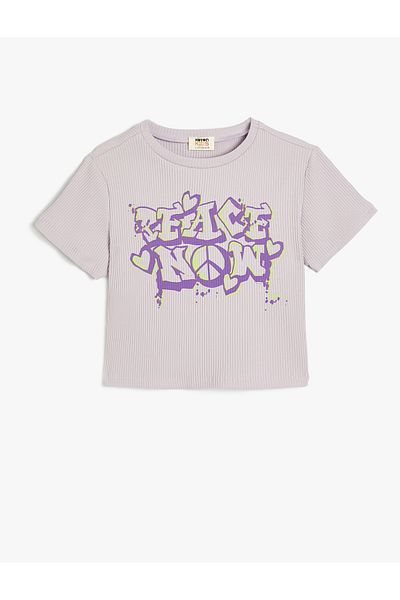 Koton Tricou Crop, Imprimat Graffiti, mânecă scurtă, Decolteu Crew, Texturat Bumbac