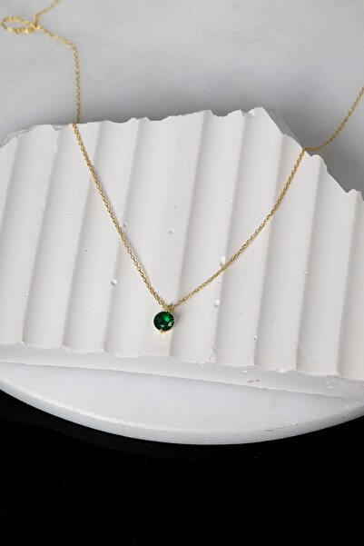 klas gümüş Gümüş Minimal Yeşil Taşlı Gold Tek Taş Kolye