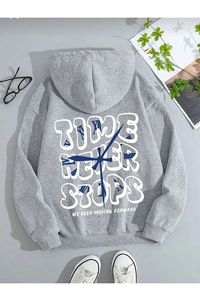 ALCİNOUS Time Never Printed Oversize Hooded Gray Sweatshirt