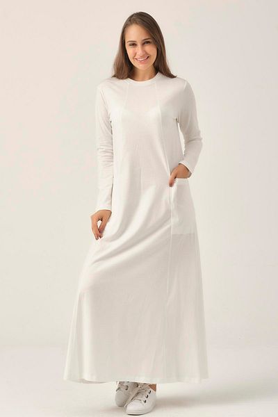 Darlin Moda Women's Ecru Pocketed Crew Neck Dress Dm0321