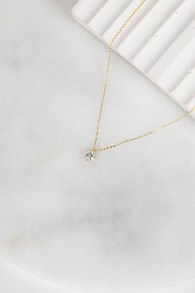 klas gümüş Gümüş Minimal Beyaz Taşlı Gold Tek Taş Kolye
