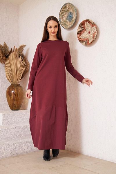 Darlin Moda Women's Burgundy Long Sleeve Skirt Poplin Detailed Maxi Length Dress Dm4640
