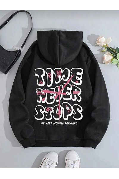 ALCİNOUS Time Never Printed Oversize Hooded Black Sweatshirt