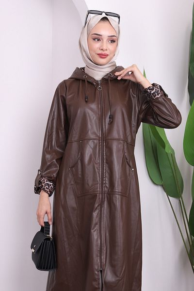 İmajButik معطف واق من المطر مصنوع من الجلد بأكمام مقنعين باللون البني