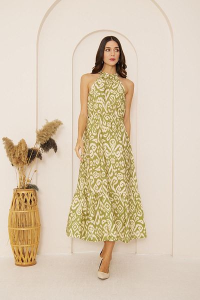 Darlin Moda Women's Green Print Halter Neck Sleeveless Dress Dm1030