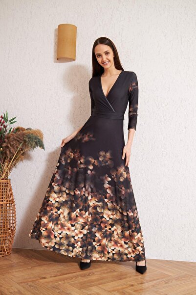 Darlin Moda Kadın Siyah Kruvaze Kahverengi Çiçek Desenli Abiye Elbise Dm1013