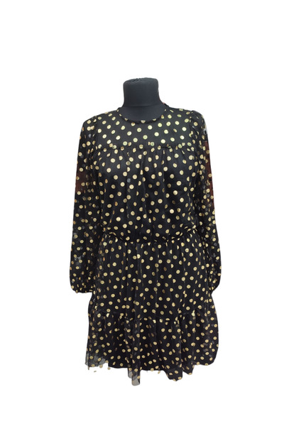 Darlin Moda فستان نسائي قصير بأكمام طويلة منقط باللون الأسود والذهبي DM80148