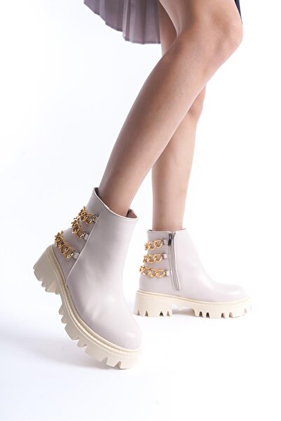 CZ London Kadın Zincir Detaylı Fermuarlı Kalın Taban Günlük Bot