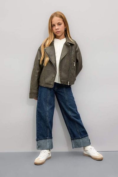 DeFacto Girl's Water Repellent Jacket Collar Zippered Windproof Faux Leather Coat C4977A824Au