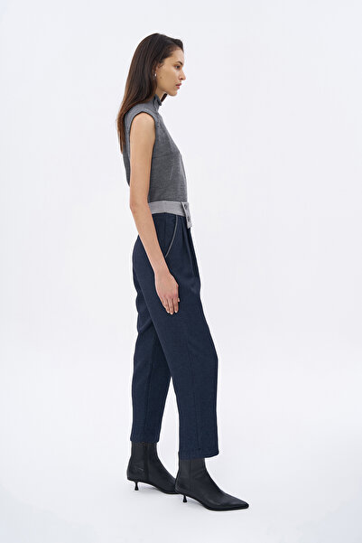 Quzu Waist Detailed Stitched Trousers Navy Blue