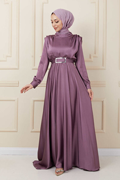 İmajButik Dark Lilac Shoulder Padded Mevlana Satin Hijab Evening Dress