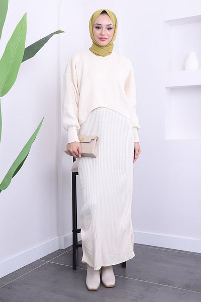 İmajButik Κρεμ Crop Πουλόβερ Πλεκτό Φόρεμα Διπλός Συνδυασμός