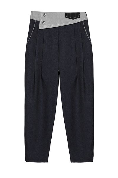 Quzu Waist Detailed Stitched Trousers Navy Blue