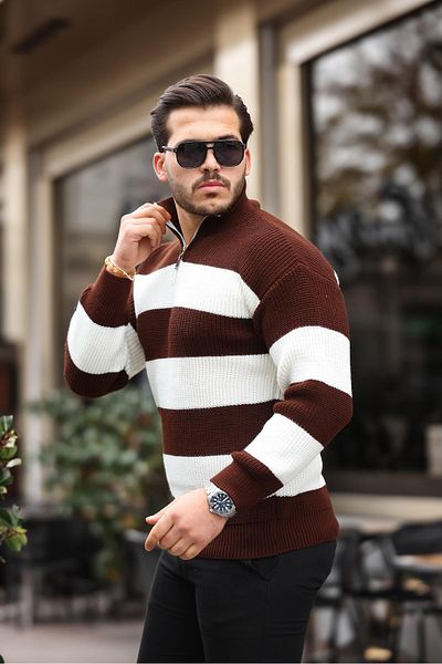 Valiberta Oversize Striped Thessaloniki Knitted Half Zipper Knitwear Men's Sweater - Brown