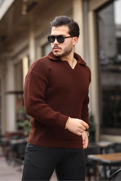 Valiberta Men's Knitwear Sweater - Oversize Shirt Collar, Thessaloniki Knitted, Brown