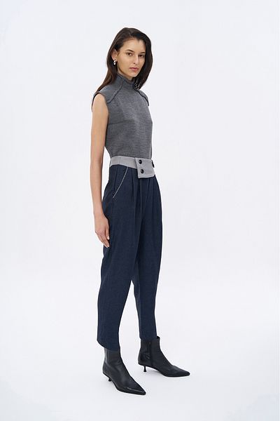 Quzu Waist Detailed Stitched Trousers Navy Blue