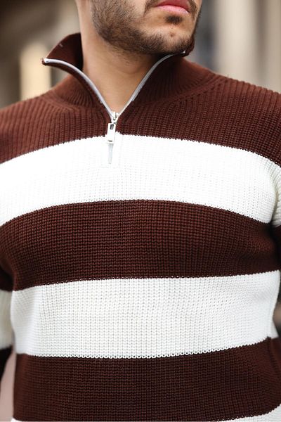 Valiberta Oversize Striped Thessaloniki Knitted Half Zipper Knitwear Men's Sweater - Brown