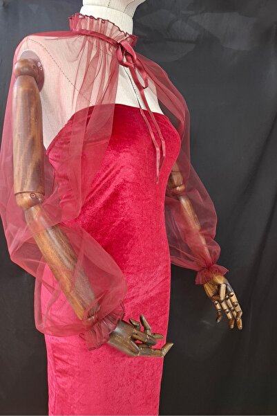 es moda shop Burgundy Amy Evening Dress - Tulle Shawl Neck Collar