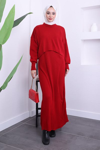 İmajButik Red Crop Sweater Knitwear Dress Double Combination