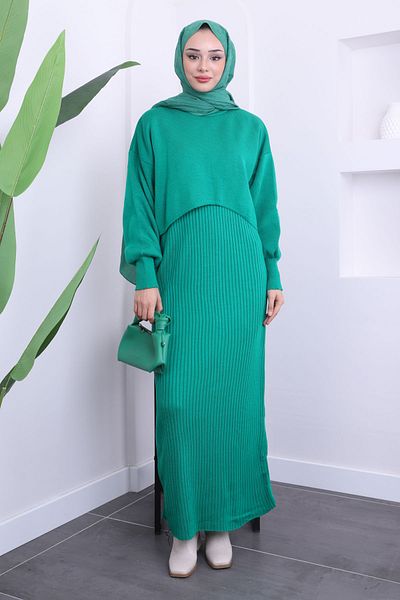 İmajButik Πράσινο Crop Πουλόβερ Πλεκτό Φόρεμα Δίδυμος Συνδυασμός