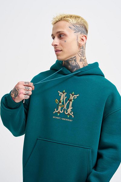 Machinist Ανδρικό φούτερ με κεντημένη κουκούλα Oversize Petrol Green