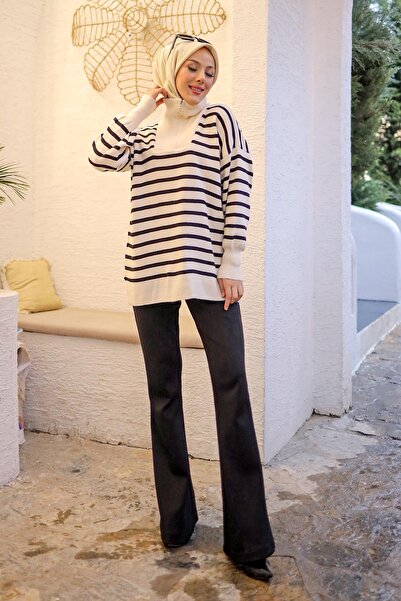 İmajButik Krem Yaka Fermuarlı Çizgili Triko Kazak