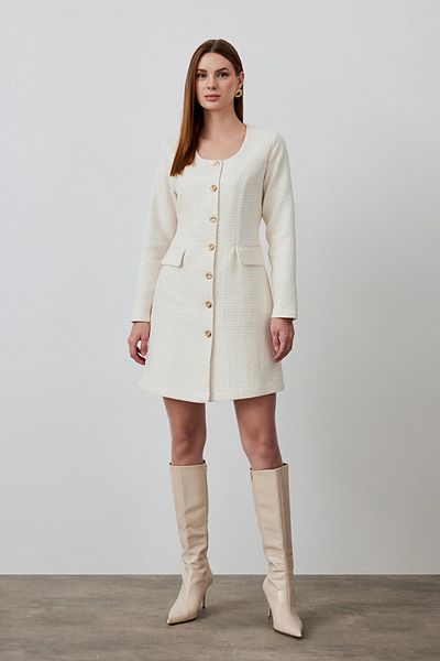 Gusto Buttoned Tweed Dress - Ecru