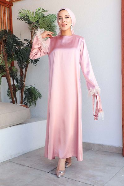 İmajButik Powder Sleeve Feathered Satin Dress