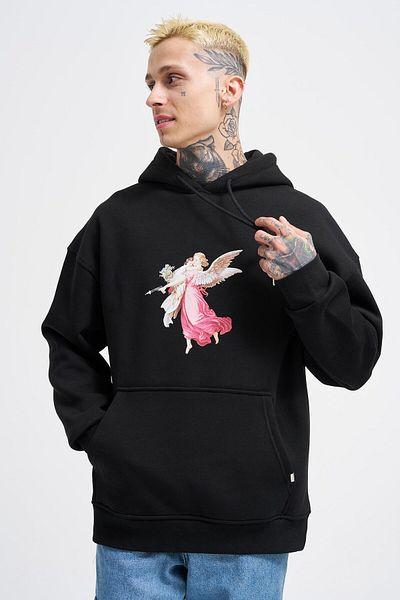 Machinist Men's Hero Angel Printed Oversize Black Sweatshirt