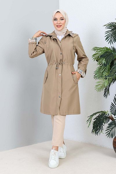 İmajButik Mink Plus Size Hooded Trench Coat