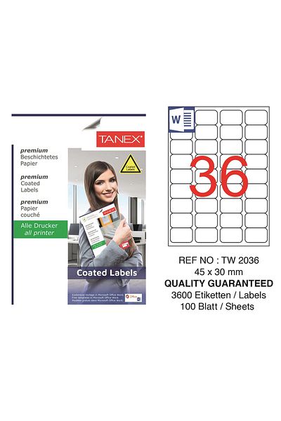 Tanex Tw-2036 45x30mm Coated Laser Label 100 Pack